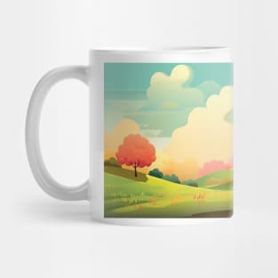Abstract landscape with hills and trees and cloudy sky. Mug